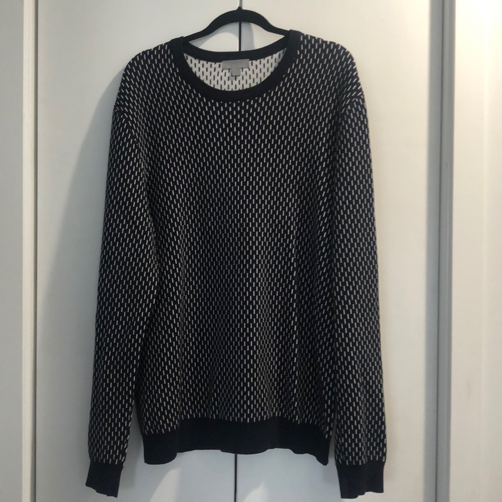 Large navy and white small striped COS sweater